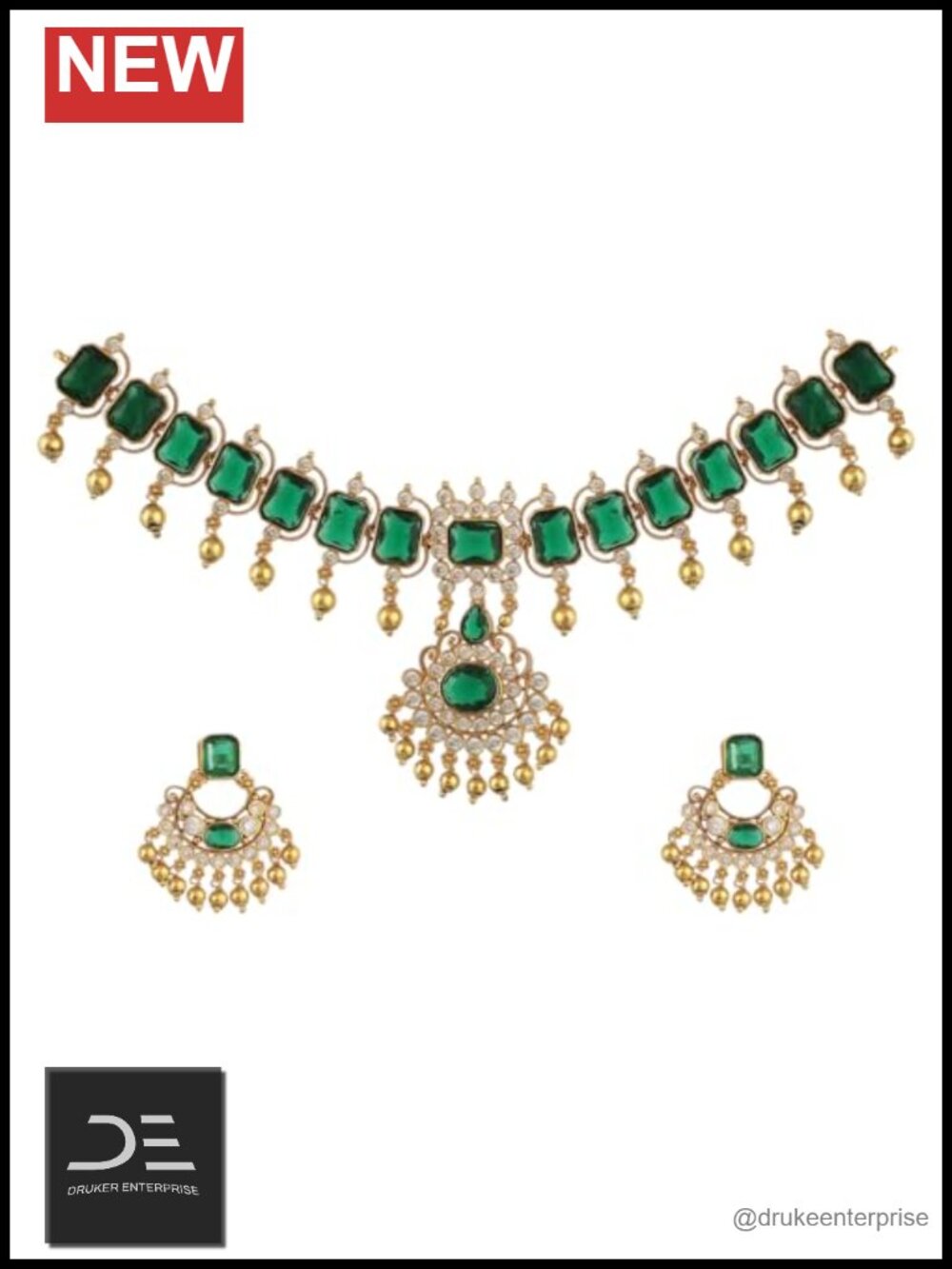 Antique Gold Plated Brass CZ Indian Choker Necklace Set for Women